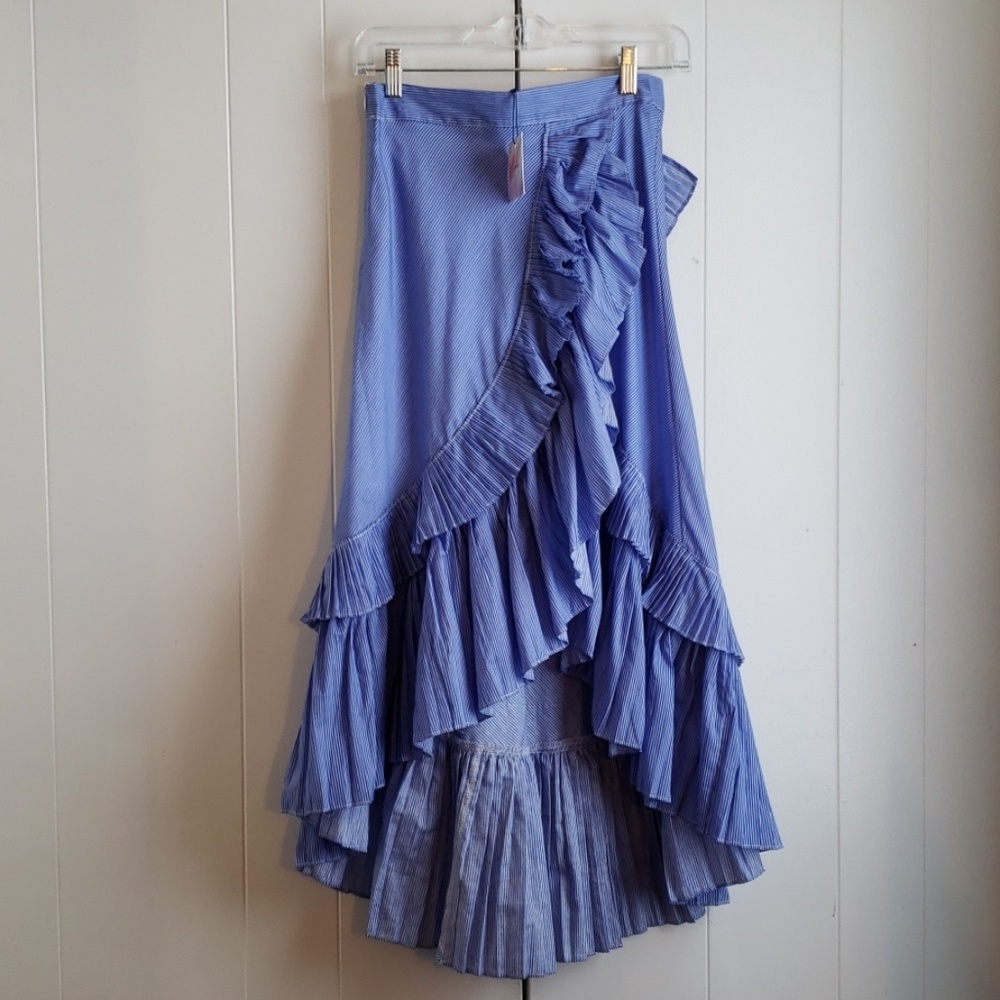 Blue Striped Asymmetrical Ruffle Skirt